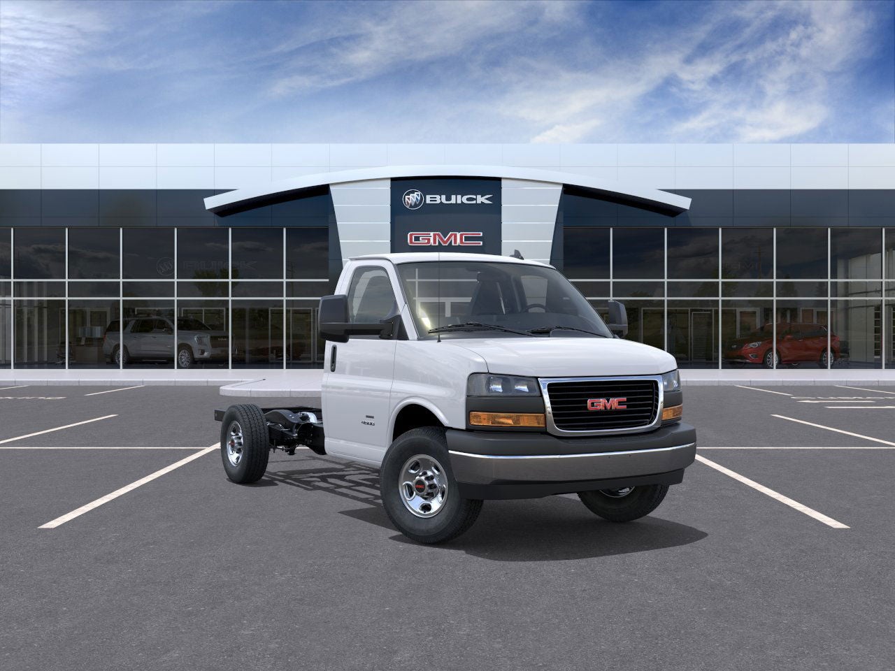 2025 GMC Savana Cutaway 3500 Base in Summit White — front three-quarter view
